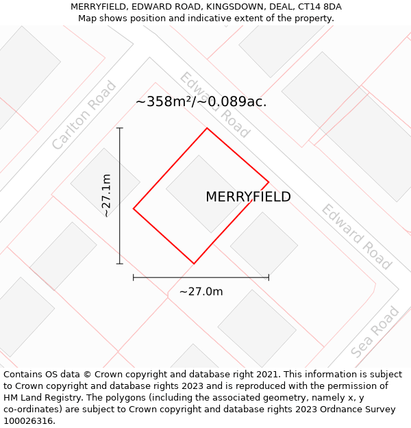 MERRYFIELD, EDWARD ROAD, KINGSDOWN, DEAL, CT14 8DA: Plot and title map