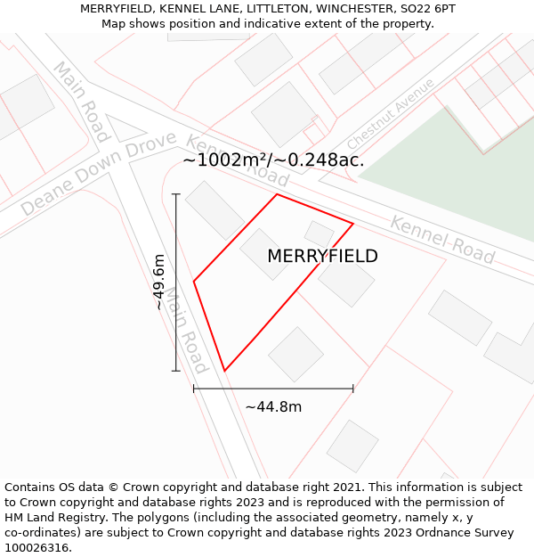 MERRYFIELD, KENNEL LANE, LITTLETON, WINCHESTER, SO22 6PT: Plot and title map
