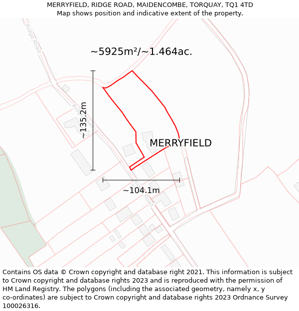 MERRYFIELD, RIDGE ROAD, MAIDENCOMBE, TORQUAY, TQ1 4TD: Plot and title map