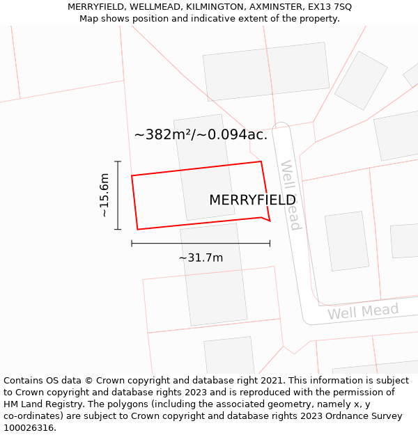 MERRYFIELD, WELLMEAD, KILMINGTON, AXMINSTER, EX13 7SQ: Plot and title map