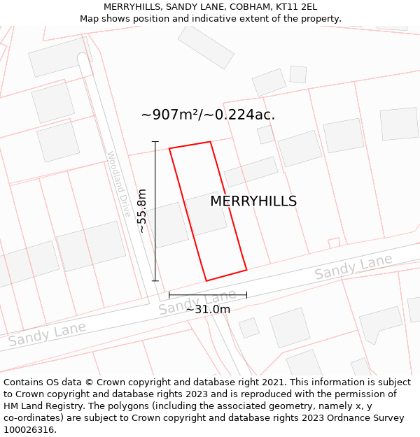 MERRYHILLS, SANDY LANE, COBHAM, KT11 2EL: Plot and title map