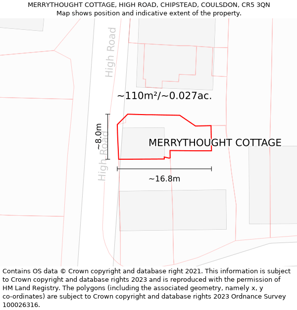 MERRYTHOUGHT COTTAGE, HIGH ROAD, CHIPSTEAD, COULSDON, CR5 3QN: Plot and title map