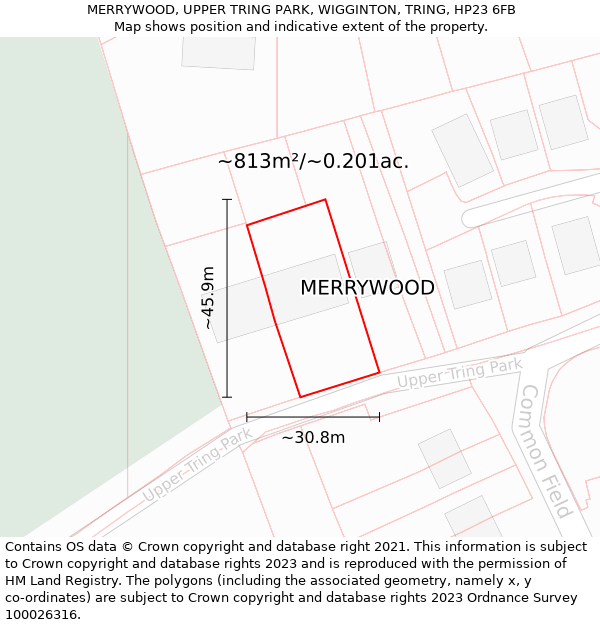 MERRYWOOD, UPPER TRING PARK, WIGGINTON, TRING, HP23 6FB: Plot and title map