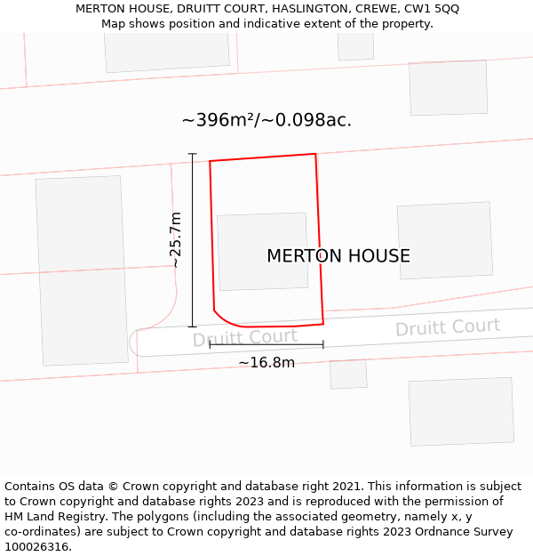MERTON HOUSE, DRUITT COURT, HASLINGTON, CREWE, CW1 5QQ: Plot and title map