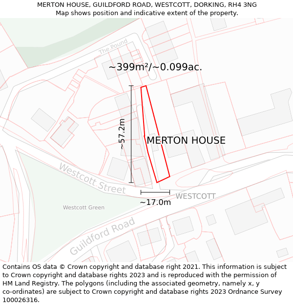MERTON HOUSE, GUILDFORD ROAD, WESTCOTT, DORKING, RH4 3NG: Plot and title map