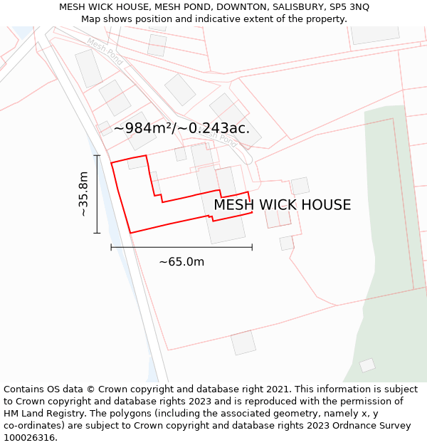 MESH WICK HOUSE, MESH POND, DOWNTON, SALISBURY, SP5 3NQ: Plot and title map