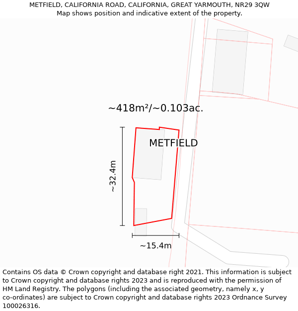 METFIELD, CALIFORNIA ROAD, CALIFORNIA, GREAT YARMOUTH, NR29 3QW: Plot and title map