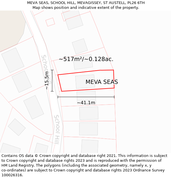 MEVA SEAS, SCHOOL HILL, MEVAGISSEY, ST AUSTELL, PL26 6TH: Plot and title map