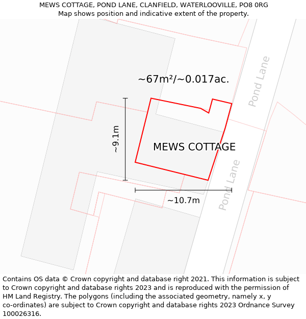 MEWS COTTAGE, POND LANE, CLANFIELD, WATERLOOVILLE, PO8 0RG: Plot and title map