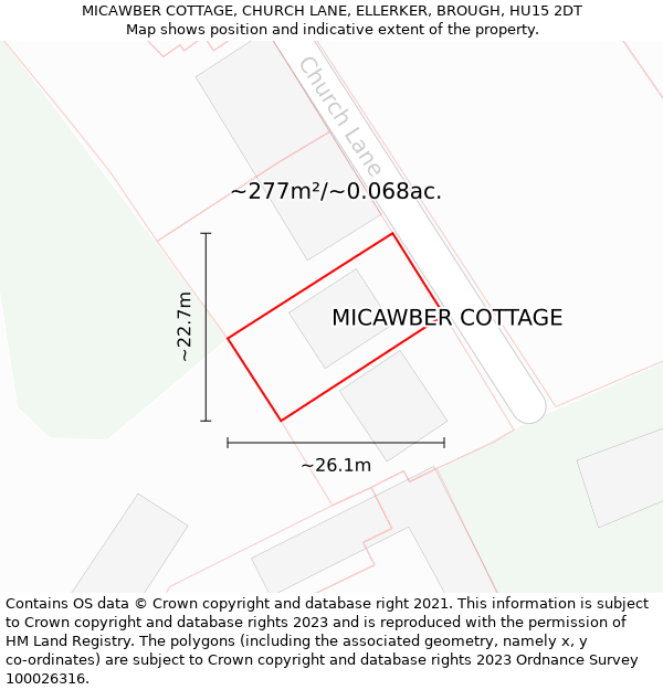 MICAWBER COTTAGE, CHURCH LANE, ELLERKER, BROUGH, HU15 2DT: Plot and title map