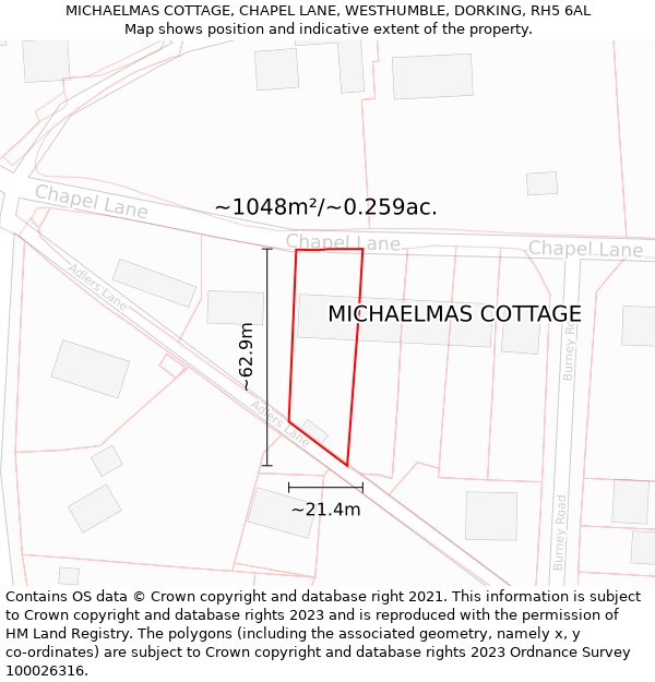 MICHAELMAS COTTAGE, CHAPEL LANE, WESTHUMBLE, DORKING, RH5 6AL: Plot and title map