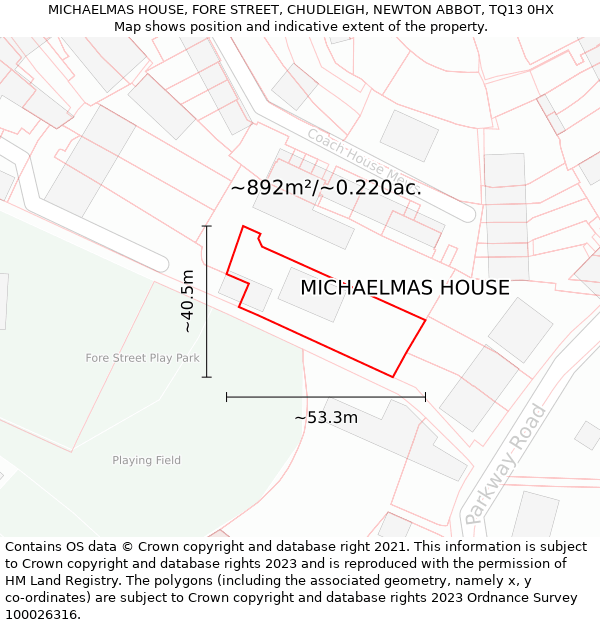 MICHAELMAS HOUSE, FORE STREET, CHUDLEIGH, NEWTON ABBOT, TQ13 0HX: Plot and title map