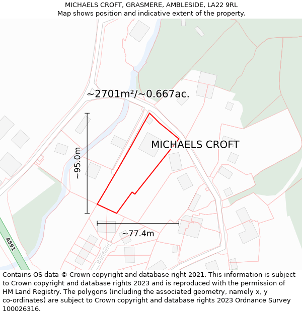 MICHAELS CROFT, GRASMERE, AMBLESIDE, LA22 9RL: Plot and title map