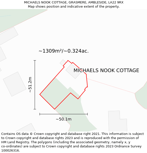 MICHAELS NOOK COTTAGE, GRASMERE, AMBLESIDE, LA22 9RX: Plot and title map