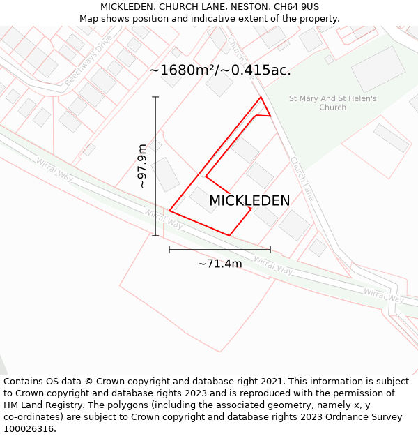 MICKLEDEN, CHURCH LANE, NESTON, CH64 9US: Plot and title map