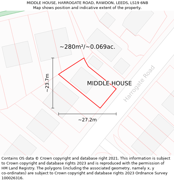 MIDDLE HOUSE, HARROGATE ROAD, RAWDON, LEEDS, LS19 6NB: Plot and title map