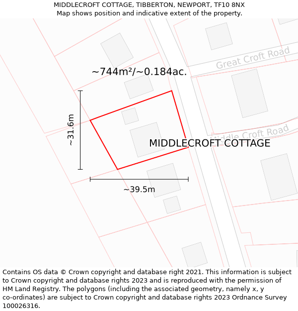 MIDDLECROFT COTTAGE, TIBBERTON, NEWPORT, TF10 8NX: Plot and title map