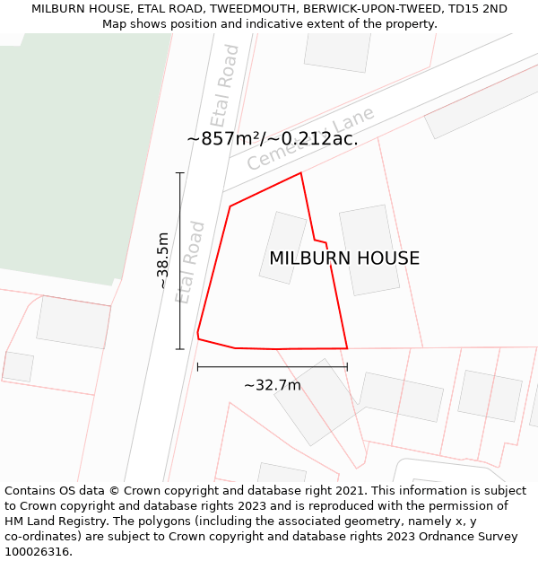 MILBURN HOUSE, ETAL ROAD, TWEEDMOUTH, BERWICK-UPON-TWEED, TD15 2ND: Plot and title map