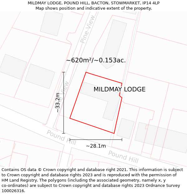 MILDMAY LODGE, POUND HILL, BACTON, STOWMARKET, IP14 4LP: Plot and title map