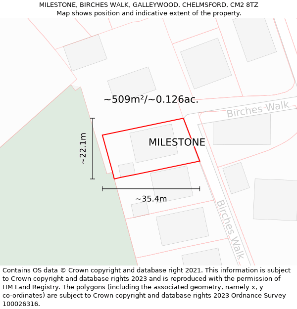 MILESTONE, BIRCHES WALK, GALLEYWOOD, CHELMSFORD, CM2 8TZ: Plot and title map