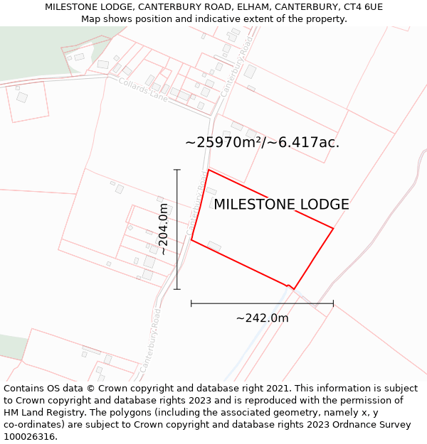 MILESTONE LODGE, CANTERBURY ROAD, ELHAM, CANTERBURY, CT4 6UE: Plot and title map