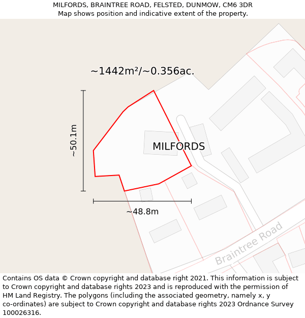 MILFORDS, BRAINTREE ROAD, FELSTED, DUNMOW, CM6 3DR: Plot and title map