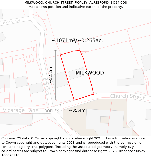 MILKWOOD, CHURCH STREET, ROPLEY, ALRESFORD, SO24 0DS: Plot and title map