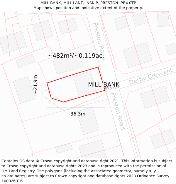 MILL BANK, MILL LANE, INSKIP, PRESTON, PR4 0TP: Plot and title map