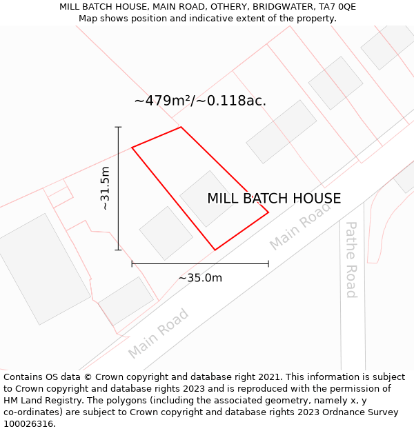 MILL BATCH HOUSE, MAIN ROAD, OTHERY, BRIDGWATER, TA7 0QE: Plot and title map