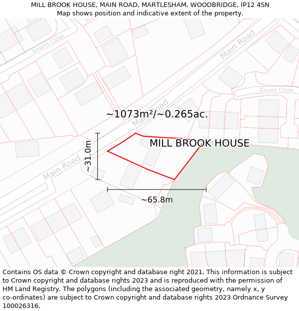 MILL BROOK HOUSE, MAIN ROAD, MARTLESHAM, WOODBRIDGE, IP12 4SN: Plot and title map