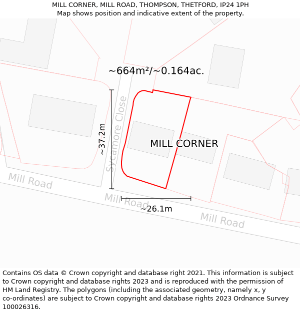 MILL CORNER, MILL ROAD, THOMPSON, THETFORD, IP24 1PH: Plot and title map