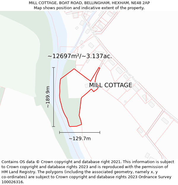 MILL COTTAGE, BOAT ROAD, BELLINGHAM, HEXHAM, NE48 2AP: Plot and title map