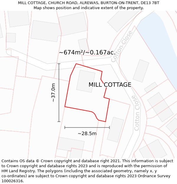 MILL COTTAGE, CHURCH ROAD, ALREWAS, BURTON-ON-TRENT, DE13 7BT: Plot and title map