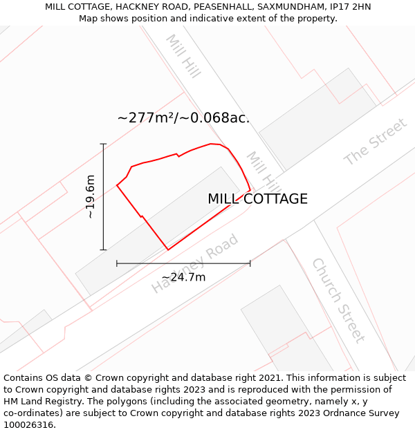 MILL COTTAGE, HACKNEY ROAD, PEASENHALL, SAXMUNDHAM, IP17 2HN: Plot and title map