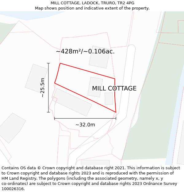 MILL COTTAGE, LADOCK, TRURO, TR2 4PG: Plot and title map