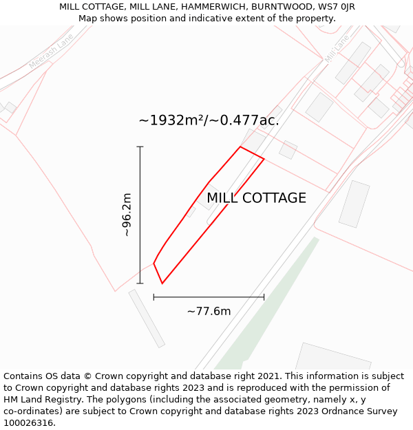 MILL COTTAGE, MILL LANE, HAMMERWICH, BURNTWOOD, WS7 0JR: Plot and title map