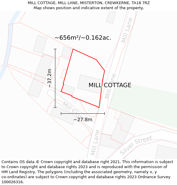 MILL COTTAGE, MILL LANE, MISTERTON, CREWKERNE, TA18 7RZ: Plot and title map