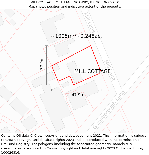 MILL COTTAGE, MILL LANE, SCAWBY, BRIGG, DN20 9BX: Plot and title map