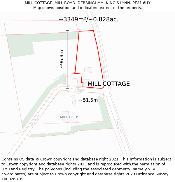 MILL COTTAGE, MILL ROAD, DERSINGHAM, KING'S LYNN, PE31 6HY: Plot and title map