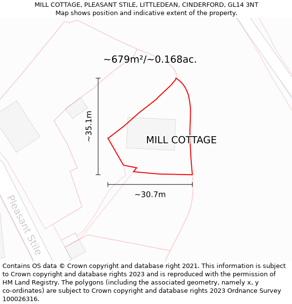 MILL COTTAGE, PLEASANT STILE, LITTLEDEAN, CINDERFORD, GL14 3NT: Plot and title map