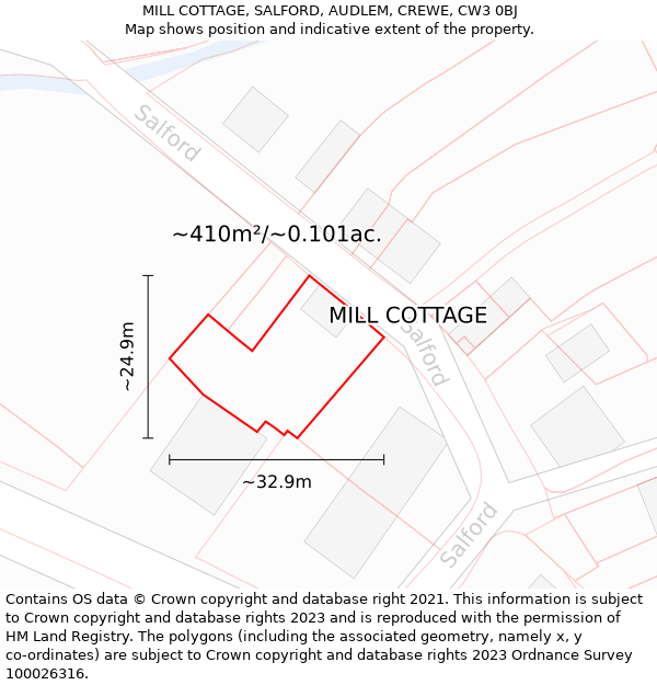 MILL COTTAGE, SALFORD, AUDLEM, CREWE, CW3 0BJ: Plot and title map