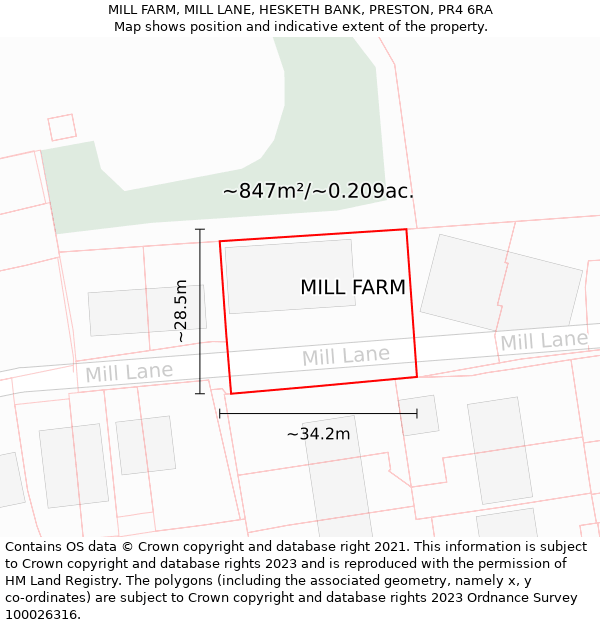 MILL FARM, MILL LANE, HESKETH BANK, PRESTON, PR4 6RA: Plot and title map