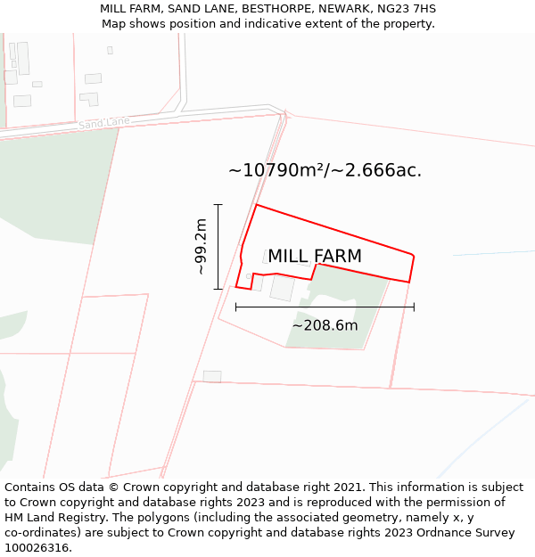 MILL FARM, SAND LANE, BESTHORPE, NEWARK, NG23 7HS: Plot and title map