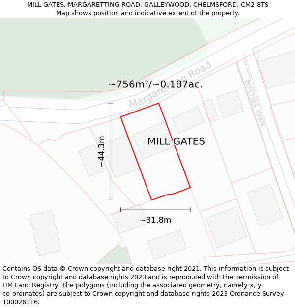 MILL GATES, MARGARETTING ROAD, GALLEYWOOD, CHELMSFORD, CM2 8TS: Plot and title map