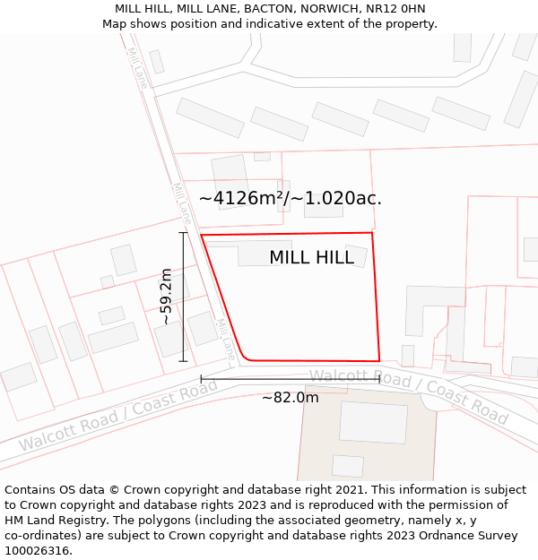 MILL HILL, MILL LANE, BACTON, NORWICH, NR12 0HN: Plot and title map