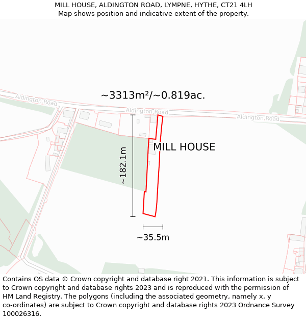 MILL HOUSE, ALDINGTON ROAD, LYMPNE, HYTHE, CT21 4LH: Plot and title map