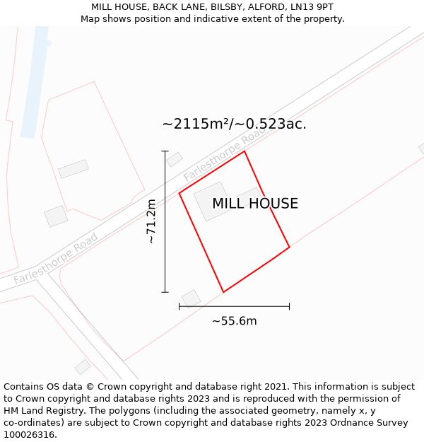 MILL HOUSE, BACK LANE, BILSBY, ALFORD, LN13 9PT: Plot and title map