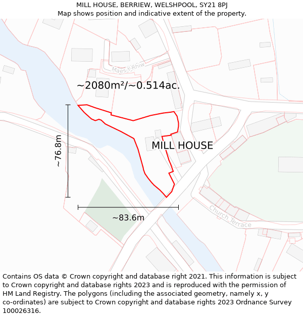 MILL HOUSE, BERRIEW, WELSHPOOL, SY21 8PJ: Plot and title map