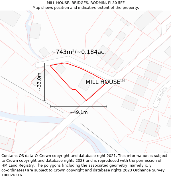 MILL HOUSE, BRIDGES, BODMIN, PL30 5EF: Plot and title map