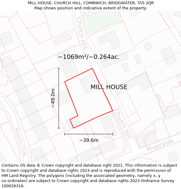 MILL HOUSE, CHURCH HILL, COMBWICH, BRIDGWATER, TA5 2QR: Plot and title map